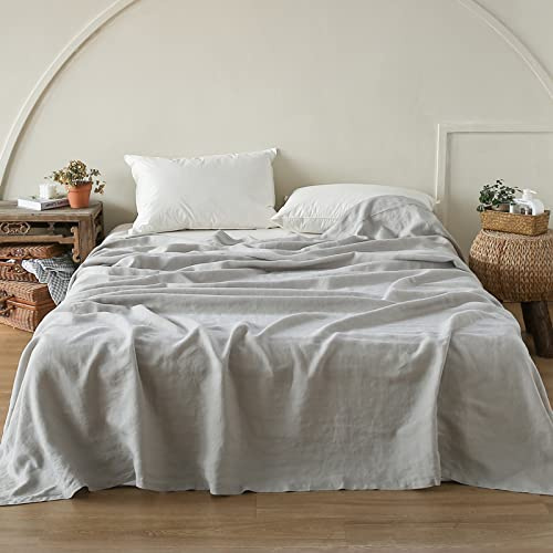Simple&Opulence French Linen Flat Sheet with Embroidered Border-100% Stone Washed Flax Bedding,Queen Size(90''x102'') Ultra Soft,Breathable Flat Top Sheet-1 Piece Bed Flat Sheet Only(Grey)