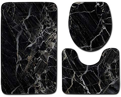 navigatee Lot de 3 Tapis de Bain en marbre Noir antidérapant en Flanelle à mémoire de Forme Respirante pour siège de Toilette