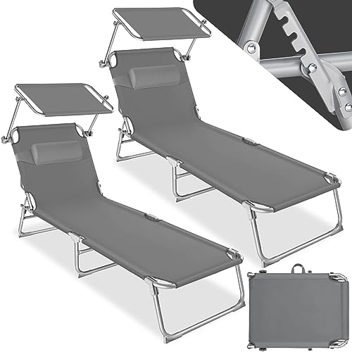 tectake® Set de 2 Chaises Longues Pliantes avec Pare Soleil & Appuie-tête - Transat Inclinable de Plage, Relax pour Jardin, Camping, Salon Exterieur - Gris