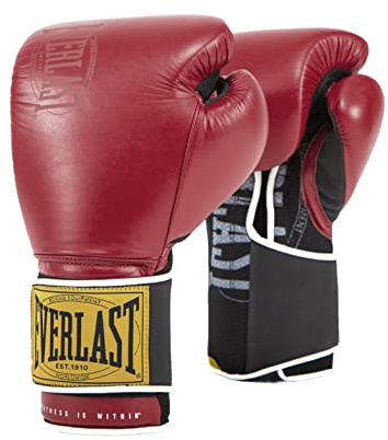 Guantes de Boxeo Everlast 1910 Classic Training 14oz, Rojos de Cuero para Saco y Manoplas, Cierre de Velcro, Acolchado Triple y Agarre Ergonómico - Equipo Auténtico Everlast