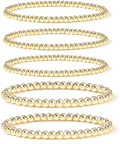 Badu Gold Plate Bead Bracelet for Women 14K Gold Plated Bead Ball Stretchable Elastic Hypoallergenic Bohemian Stackable