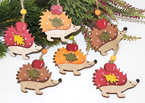 6 x Anhänger Igel Herbst Deko Holz Holzanhänger Herbstanhänger Herbstdeko bunt Blätter (Herbstanhänger)