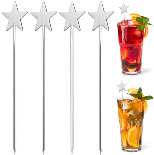 DOITOOL 10 Stück Cocktailspieße Edelstahl - Wiederverwendbare Martini Sticks mit Stern Griff Stopper - 12cm Partyspieße für Fingerfood Obstgabeln Tapas - Hochglanzpoliert Spiegelfinish Silber