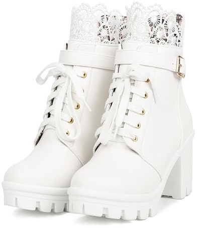 BEAUPAS Women's Chunky High Heeled Boots White Platform Boots Gothic Ankle Boots Lace Up Block Heel Buckle Punk Motorcycle Shoes(White,6)