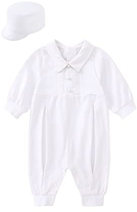 pureborn Baby Boys Baptism Outfits Long Sleeve Jumpsuit with Bonnet 2 Pcs Spring Fall Cotton Christening Clothing White 6-9 Months