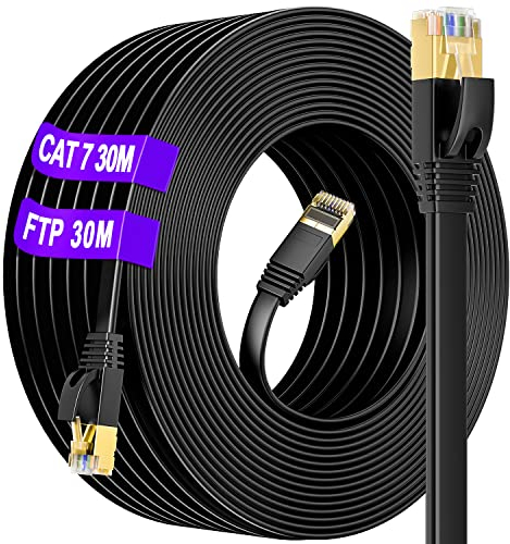 Cable Ethernet 30m Blindé, Cat 7 Cable RJ45 30m Plat, S/FTP Haut Débit Câble de Réseau 10Gbit/s 600MHz, Résistant aux Intempéries Anti-interférence Câble Internet LAN, pour Routeur/Switch(30 Clips)