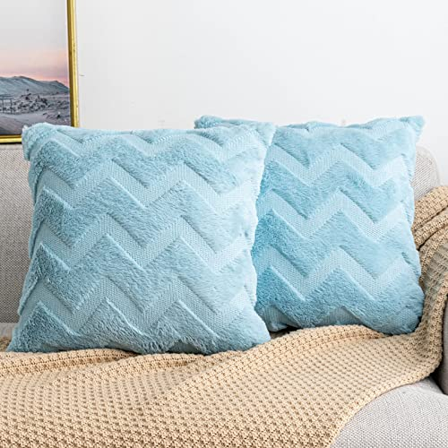 Yamonic Wolle Kissenbezüge Weich Dekokissen Welle Polyster Sofakissen Couchkissen, Kissenbezug mit Verstecktem Reißverschluss, 2er Set Zierkissenbezug für Wohnzimmer Schlafzimmer, 45x45cm, Hellblau