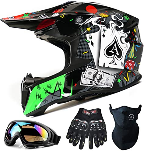 Set Casco Motocross Uomo Donna Casco Cross Bambino con Occhiali, Guanti, Maschera, Casco Fuoristrada Adulto per Scooter Quad Downhill Enduro Bicicletta Casco Moto Certificazione ECE B,L
