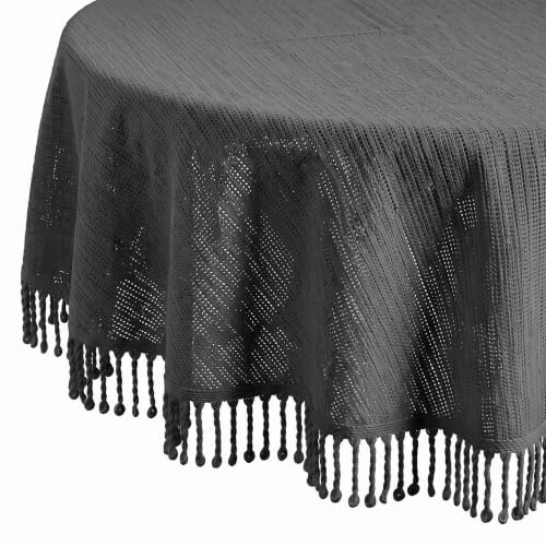 Tischdecke Outdoor Wetterfest Rund - rutschfest & UV-Beständig in 7 Farben mit Fransen - Weichschaum PVC Tischdecke Abwaschbar & Waschbar bei 30°C - Gartentischdecke Rund 140 cm Grau