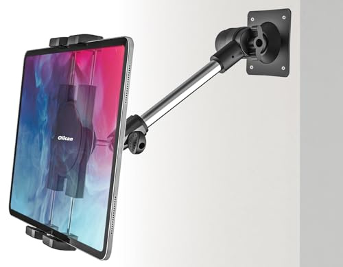 Metall Tablet Wandhalterung mit Verstellbarem Arm, Bohren Wand iPad Halter | Geeignet für Küche/ Bad/ Schlafzimmer/ Fitnessstudio, Kompatibel mit iPad Mini Air Pro, Galaxy, Kindle, Handys 4–13