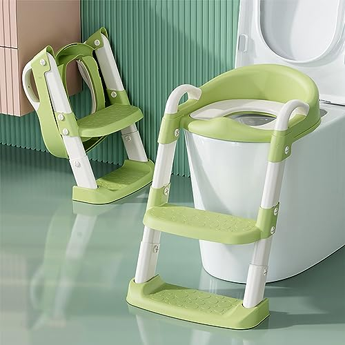 Kinder Toilettensitz Toilettentrainer, Faltbarer Toilettensitz Kinder mit Treppe und Griff, höhenverstellbare Toilettentreppe mit Komfortsitz, Extra Breite Stufen (Grün)