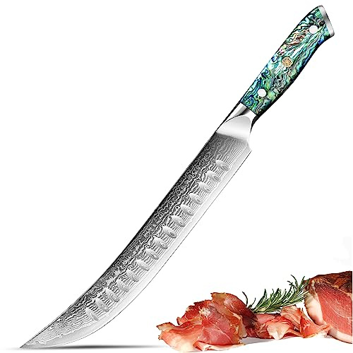 XT XITUO Butcher Knife – 10″ Cimitar & Breaking Knife Knife – Japanese VG-10 Damascus Steel – Full Tang & Razor Sharp – Ergonomic Abalone Shell Handle Design -Dazzling Series
