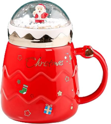 FülleMore Süße Weihnachtstasse Keramik Kaffeetasse mit Deckel und Griff Teetasse 500ml Milchbecher Geschenk 3D Weihnachtsmann Weihnachtsbecher für Heiß- & Kaltgetränke (Rot)