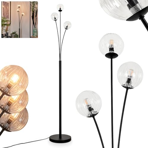 Stehleuchte Bernado, Stehlampe aus Metall/Riffelglas in Schwarz/Klar, Leuchte im modernen Retro/Vintage-Design mit Schirmen aus Glas (Ø 10 cm), dimmbar über Fußschalter, 3 x G9, ohne Leuchtmittel