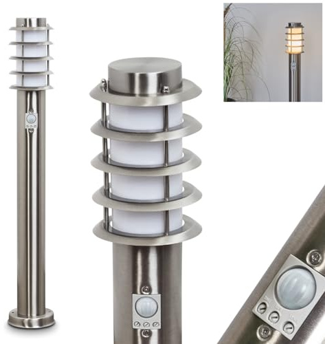 HOFSTEIN Außenstehleuchte Tunes mit Bewegungsmelder, Außenwegeleuchte aus Metall/Kunststoff in Nickel-matt/Weiß, moderne Wegeleuchte für Garten, Außenbereich, Hof, Höhe 80 cm, E27, IP44