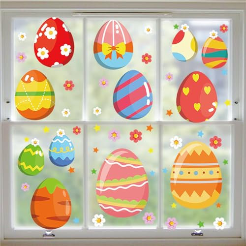 Hiseng Ostern Fensterbilder Selbstklebend, Ostereier Fensterdekoration Ostern 6 Blatt Fensteraufkleber Frühling Floral Fenster Aufkleber Doppelseitig Fenster Abziehbilder (Ostereier)