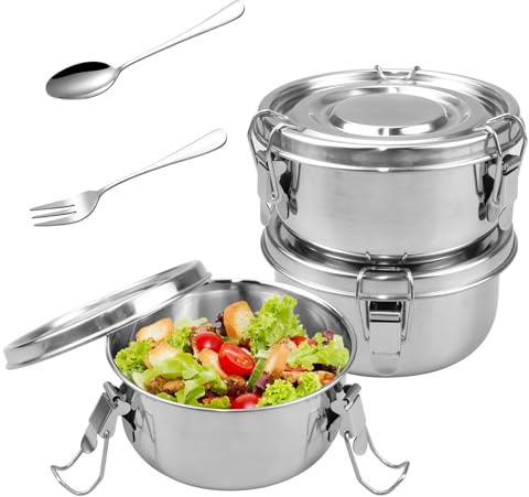 quiodok 3 Stück Silber Edelstahl Brotdose Erwachsenen Lunchbox aus Edelstahl Brotdose 360ml Lunchbox Edelstahl mit Löffel und Gabel für Snacks Obst Müsli Gewürz