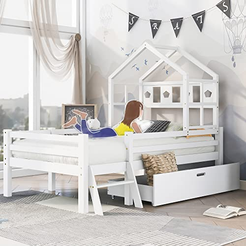 VSOGA Hausbett Kinderbett mit Leiter und Schubladen, Massivholz mit Rausfallschutz, Weiß (Ohne Matratze)