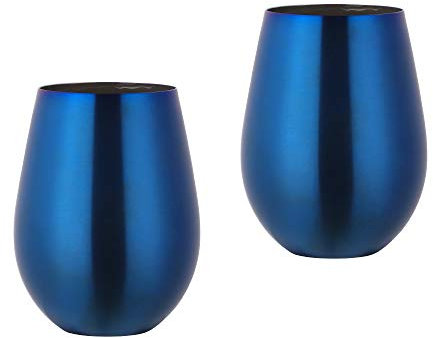 TUPMFG 17 oz Stainless Steel Stemless Wine Glasses, Outdoor Portable Wine Tumbler for The Pool, Camping, Cookouts, Travel - Set of 2 Metal Drinking Cups (Blue)