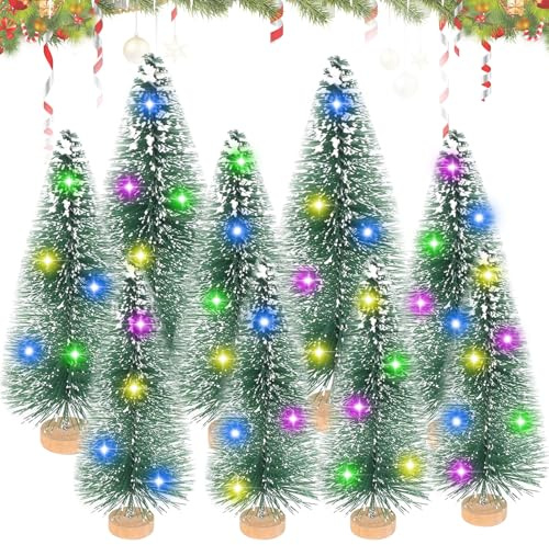 9 Stück Mini Weihnachtsbaum, Tannenbaum Künstlich, LED Weihnachtsbaum, Künstlich Weihnachtsbäume Klein mit Holzsockel und Lichterkette, Miniatur Weihnachtsdeko, Tannenbaum Tischdeko - 3 Größen