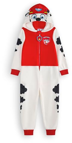 Paw Patrol Marshall Tutina per Bambini e Bambine | Pigiama Tutto-in-Uno per Bambini in Bianco e Rosso | Tuta da Notte Unisex con Cappuccio Ricamato e Orecchie 3D