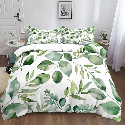 Generisch Bettwäsche 220x240cm Aquarell Tropische Blätter Eukalyptus Bettbezug Set, Weich Atmungsaktiv Polyester Baumwolle Bettwäsche 3 teilig, für Erwachsene Kinder mit 2 Kissenbezug 80x80 cm