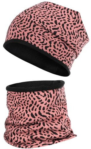 Smarilla Wintermütze + Schlauchschal Winterset Beanie Snood Fleece, Größe: 54-56, Farbe: Rosa-Leo