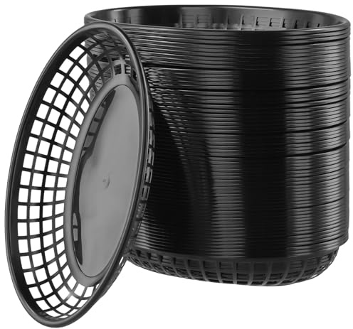 SINJEUN 60 PCS Oval Fast Food Basket, 22.5x14x4cm Plastic Fast Food Storage Baskets, Black Fast Food Serving Baskets for Fries, Burgers, Sandwiches
