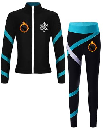 CHICTRY Eiskunstlauf Trainingsanzug Mädchen Thermo Jacke Glitzer Strass Sportjacke Langarm Mit Streifen Patchwork Eislaufhose Tanzhose Wettbewerb Tanzkostüm Blau Grün 134-140