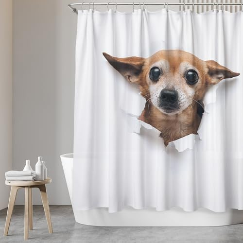 SANFINO Duschvorhang 180x200 inkl. 12 Ringe - Wasserdichter Duschvorhang mit Motiv für Badewanne und Dusche, Schimmelresistenter Badevorhang Textil, Antibakteriell & Öko-Tex Zertifiziert - Chihuahua