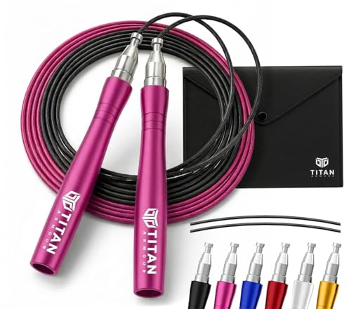 Titan Armour® Premium-Springseil für Erwachsene, selbstsichernd, verstellbar, 2 x Stahlseile, Kabelschutz und Reiseetui, Profi-Springseil: Fitness, Crossfit, Boxen, MMA