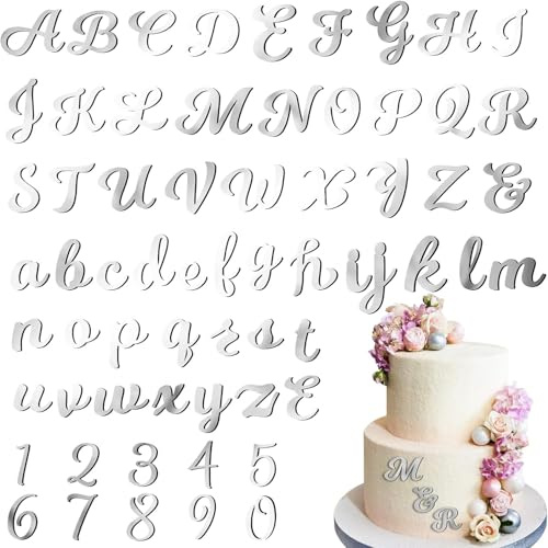 64pcs Buchstaben Tortendeko Tortendeko Zahlen, Spiegel Zahlen 0-9 und A-Z Großbuchstaben Kleinbuchstaben, Acryl Personalisierte Kuchen Deko für Geburtstag Hochzeit Jubiläum Babyparty, Silber