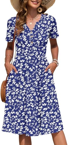 AUSELILY Women's Summer Short Sleeve V Neck Midi Dresses with Pockets