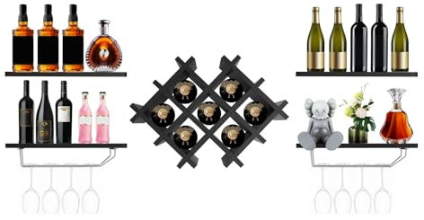 5-teiliges Set Weinschrank Hängeregal Wandmontage Weinregal Gläser hängende Flasche Holz Weinaufbewahrung Display Regal für Bar Küche Wohnzimmer (Schwarz)