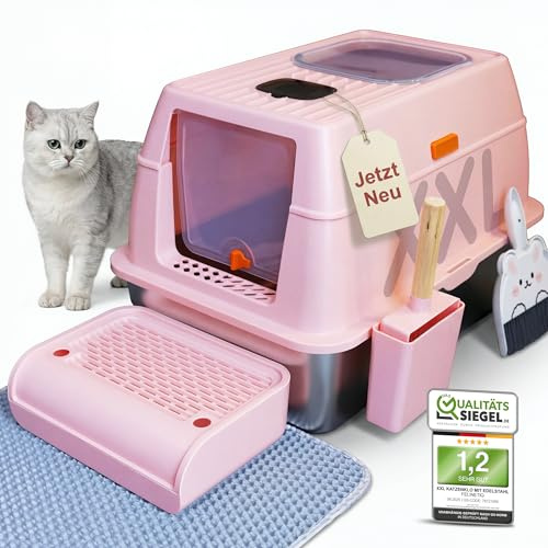 Katzenklo Edelstahl XXL mit Deckel, 3in1 Katzentoilette mit Doppelzugang | Geruchsdicht & leicht zu reinigen, geschlossen mit hohem Rand, inklusive Katzenmatte, Schaufel & E-Book, für große Katzen