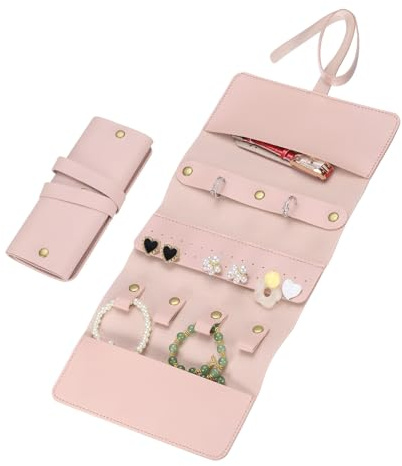 QUARKZMAN Borsa Portagioie Viaggio, Astuccio Portagioie Pieghevole Viaggio Astuccio Portagioie Portatile per Anelli Collane Orecchini Bracciali Conservazione Gioielli, Rosa