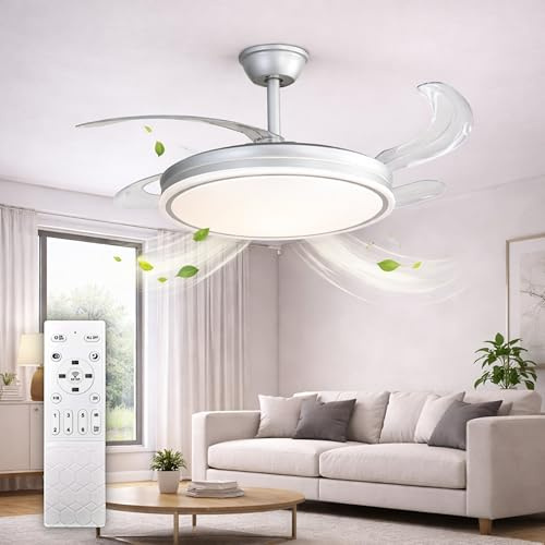 CLAR Ventilador Techo Aspas Retráctiles, Ventilador de Techo con Luz, Silencioso con Mando, Aspas Plegables y Motor Reversible, Ceiling Fan with Light (Níquel, 48W)