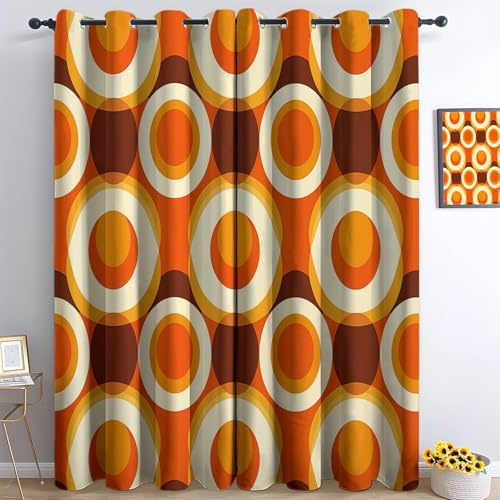 Orange Verdunkelungsvorhänge, Thermovorhang mit Ösen - Geometrisches Kreismuster Im Retro Stil Blickdicht Vorhänge für Wohnzimmer Schlafzimmer Kinderzimmer 2er Set H215 x B110 cm