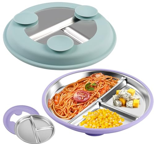 2 Stück Edelstahl Teller Baby mit Abnehmbarem Silikon-Saugnapf, 23 cm Baby Teller mit Saugnapf, Geteilte Edelstahlteller Babys Saugnapf, Unzerbrechliche Kinderteller, BPA-frei und Spülmaschinenfest