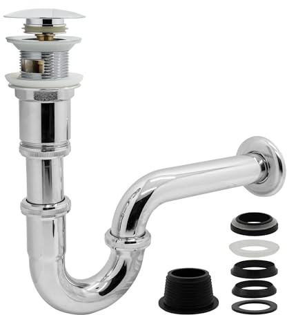 VANCOCO Washbasin Waste Set with Overflow (chrome), Universal Siphon Washbasin with pop-up Waste Valve, Brass Washbasin Waste Set