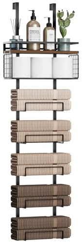 Aetyord Towel Racks for Bathroom Over The Door Towel Racks Towel Storage Organizer with Metal Shelf Basket for Bathroom Rv Camper (7-Tier Black with Brown Plank)