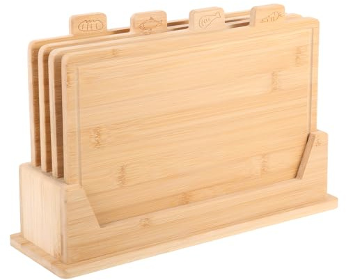 Bambus Schneidebrett 4er Set Bambus-Schneideblöcke mit Saftrillen Schneidebretter mit Ständer Servierbrett Set für Fleisch Obst Gemüse Käse Schinken 36x24x12 cm