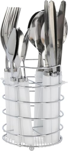 Envenzo Stainless Steel Cutlery Set with Holder 17Pcs – Fork Spoon Teaspoon Knife Tableware Set – 18/0 Steel with PP Handle – Grey/White/Black (White)