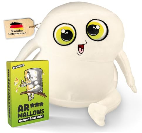 DENKRIESEN Plüschmallows® Kuscheltier als Marshmallow inkl. lustigem AR***Mallows Kartenspiel ab 9 Jahren | Süßes Plüschtier & Stofftier Größe M | Gesellschaftsspiel oder Geschenk & Maskottchen