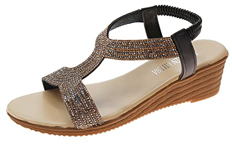Kilsandaler damer glitter, platta sandaler damer eleganta strass fritidssandaler bekväma ortopediska sandaler öppen tå andas kvällsskor fashionabla flip flops casual strandskor, svart, 39 EU