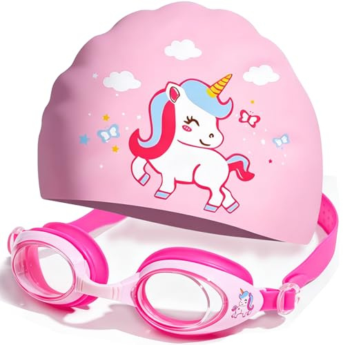 Spiritzohic Kids Swim Goggles Unicorn Swim Cap with Silicone, Unicorn Swimming Cap for Kids, Childrens Swimming Goggles Anti-Fog Waterproof, Adjustable Stretchable Swim Hat for Boys, Girls-E