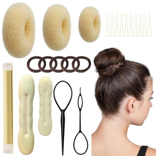 23 delar set för håruppsättning, hårdonut med hårnät & hårnålar, stylingkit för bullar, beige