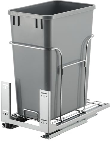 Crevyteg Poubelle coulissante sous meuble cuisine – Acier inoxydable gris, fermeture douce, capacité 30QT/45kg, bac à déchets et recyclage, glissières à extension totale, gain de place – Taille : 25,