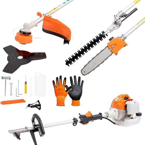 FENIX HOME Decespugliatore Multifunzione 4 in 1 a Scoppio 52cc 2 Tempi, Tagliasiepi Potatore Motosega e Tagliabordi, Testina Doppio Filo e Disco 3 Denti in Acciaio, per Giardinaggio Fai da Te e Pro