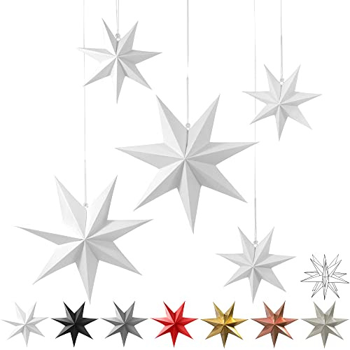 Frau WUNDERVoll® liebevolle Faltsterne weiß 5 Stück: 3 Stück Durchmesser 25 cm + 2 Stück Durchmesser 40 cm 7 Zacken geschlossene Oberfläche Feste Pappe